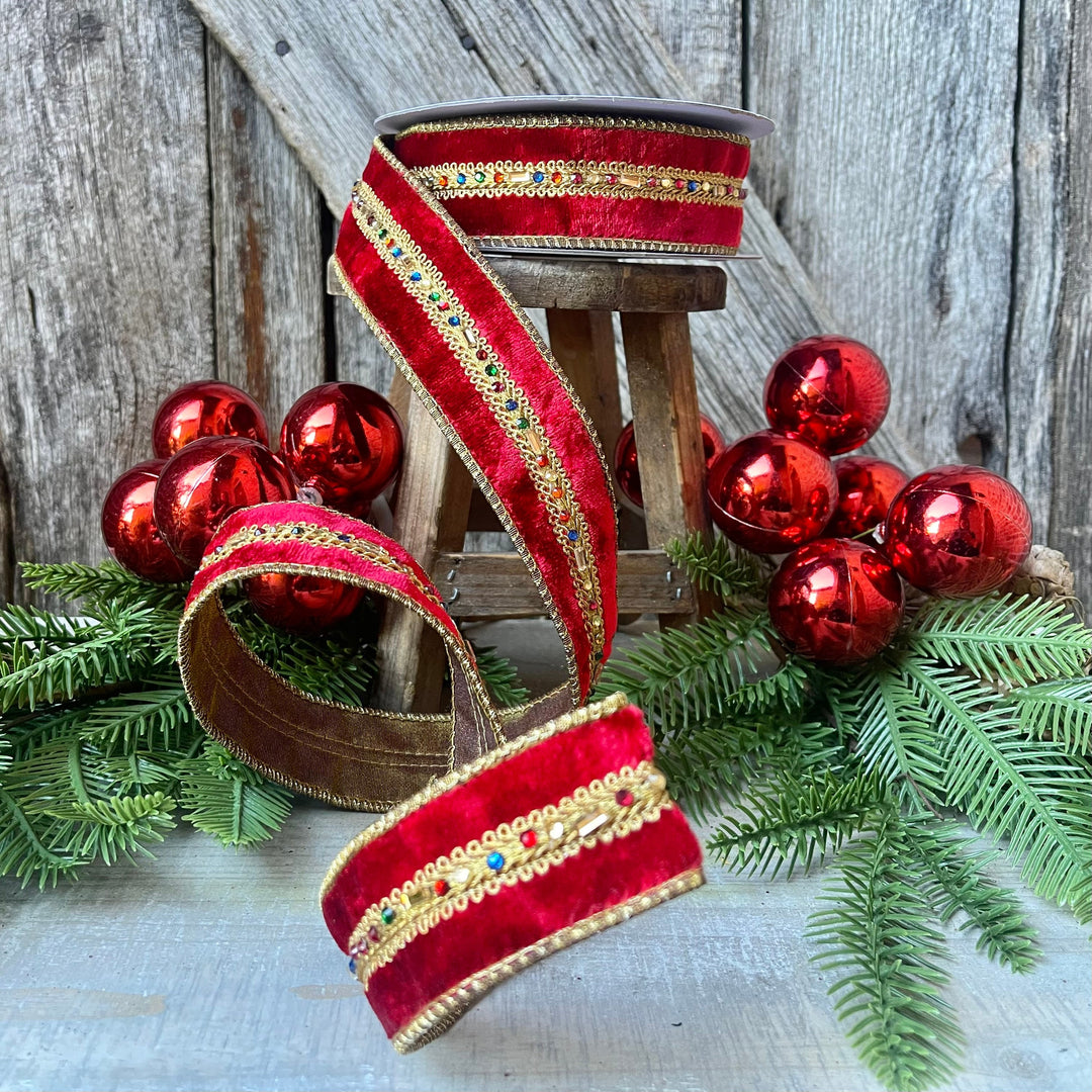 Red Velvet Jeweled Ribbon, Mutli colored Jeweled Ribbon