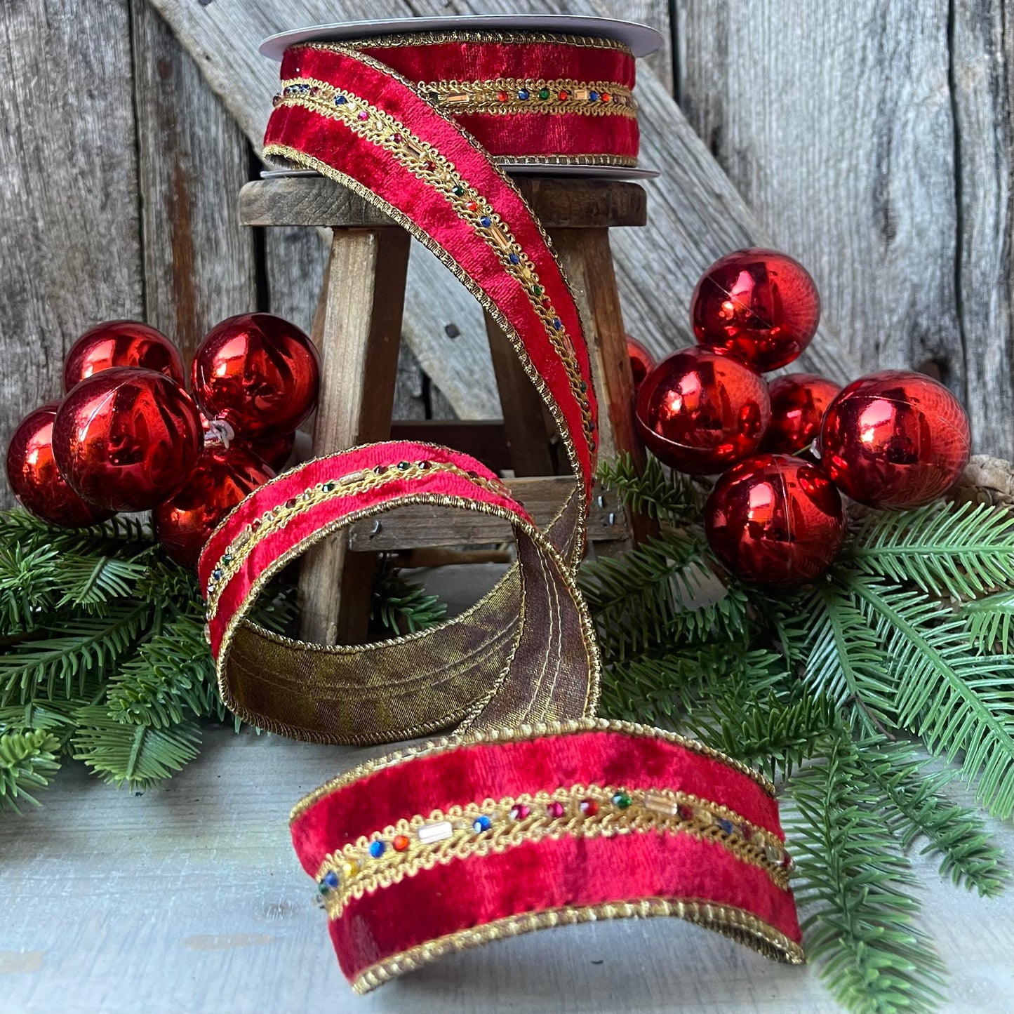 Red Velvet Jeweled Ribbon, Mutli colored Jeweled Ribbon, Christmas Ribbon