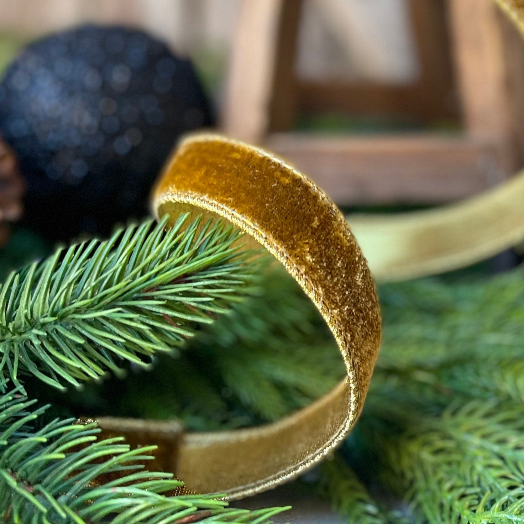 1" Antique Gold Wired Ribbon, Farrisilk Ribbon, Velvet Ribbon