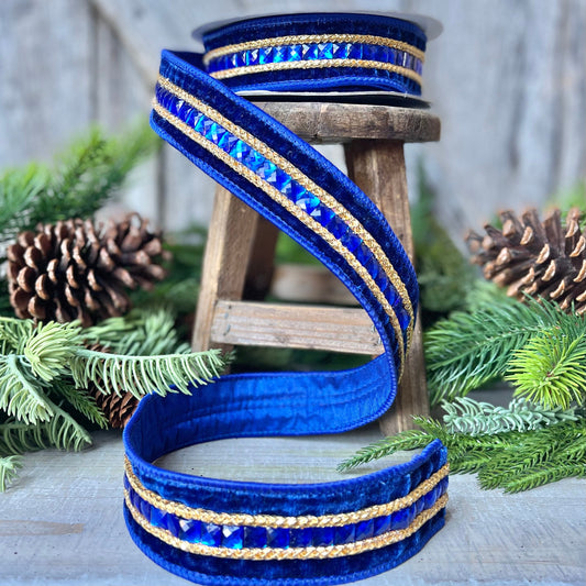 Blue Emeral Cut Gemstones Ribbon, 1.5" Blue velvet jeweled ribbon