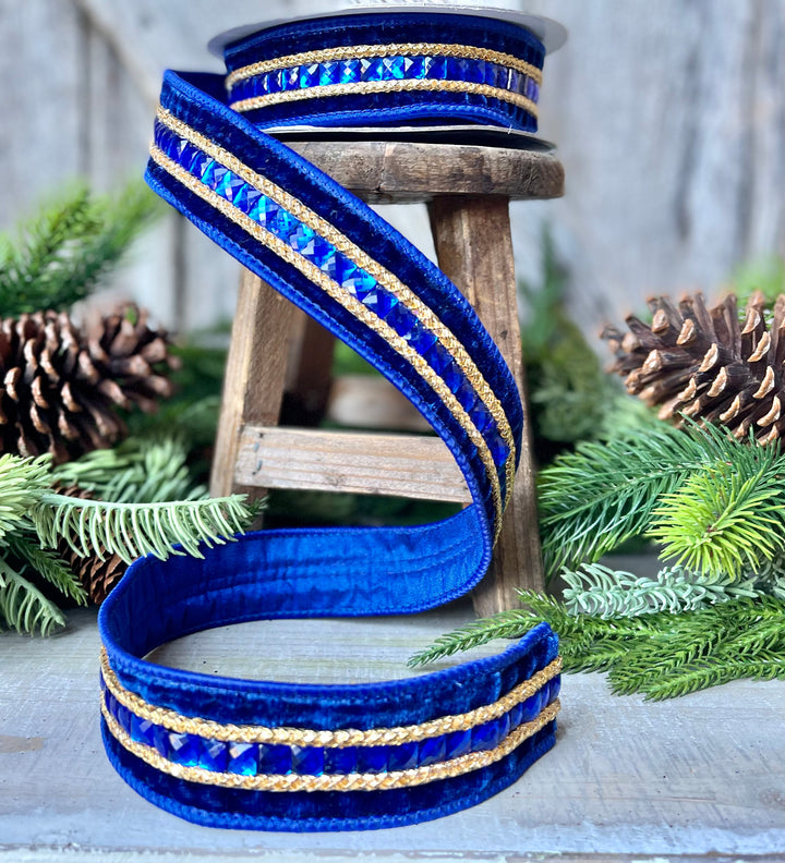 1.5" Royal Blue Gemstones Ribbon, Christmas Ribbon, Jeweled Ribbon