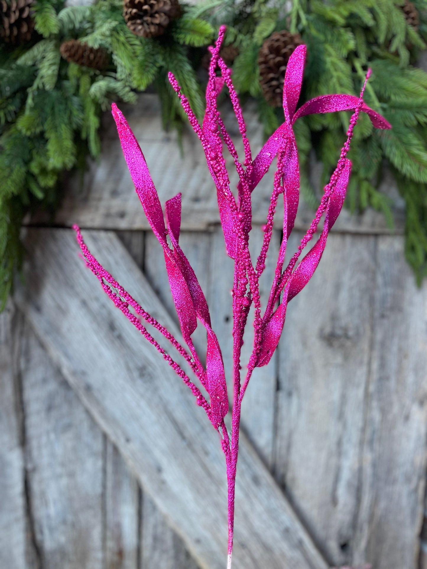 34" Hot Pink Glitter Leaf Christmas Spray, Christmas Leaves Spray, Christmas Floral Stem