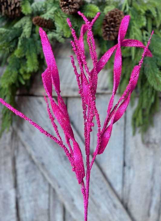 34" Hot Pink Glitter Leaf Christmas Spray, Christmas Leaves Spray, Christmas Floral Stem