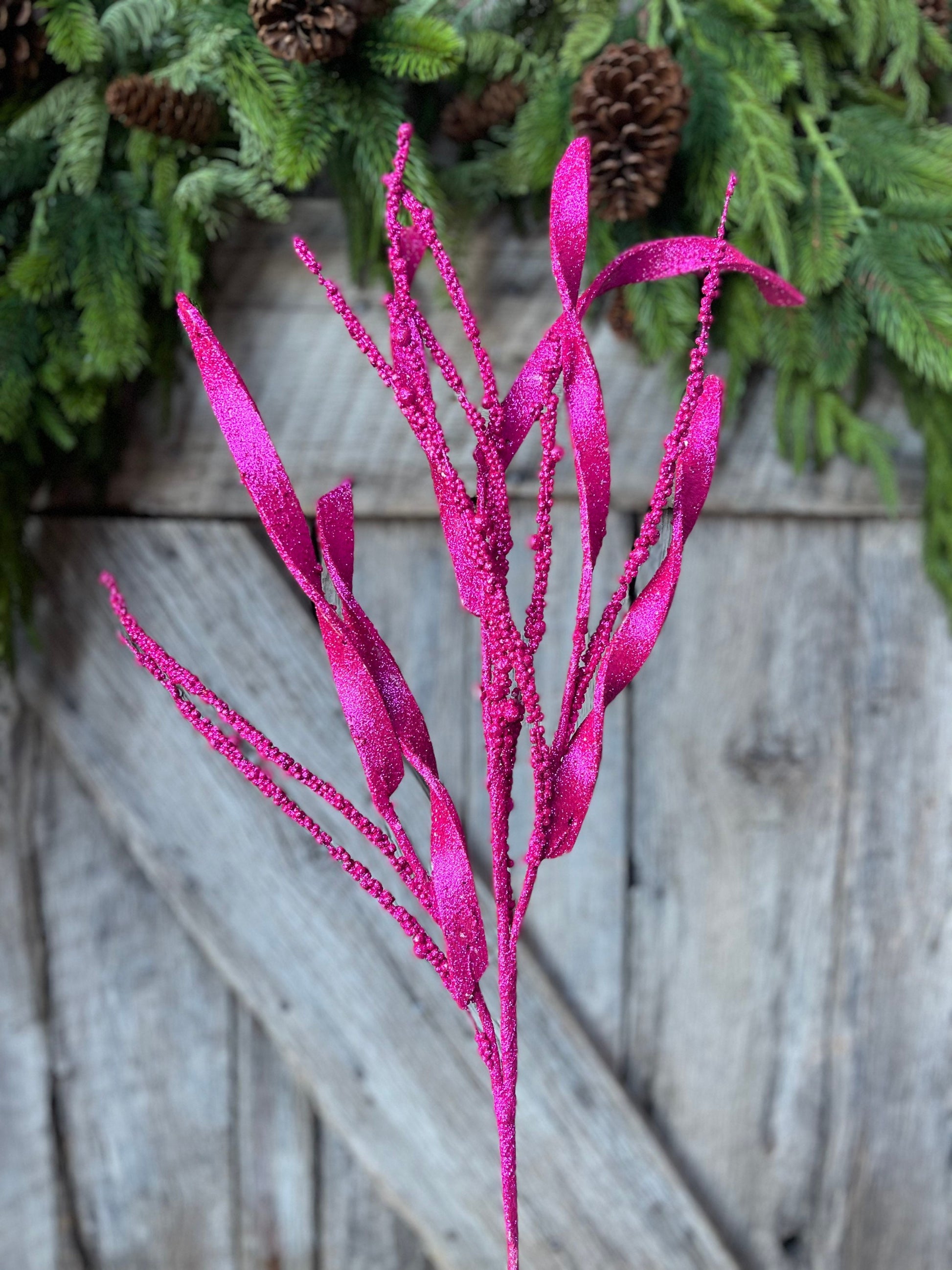 34" Hot Pink Glitter Leaf Christmas Spray, Christmas Leaves Spray, Christmas Floral Stem