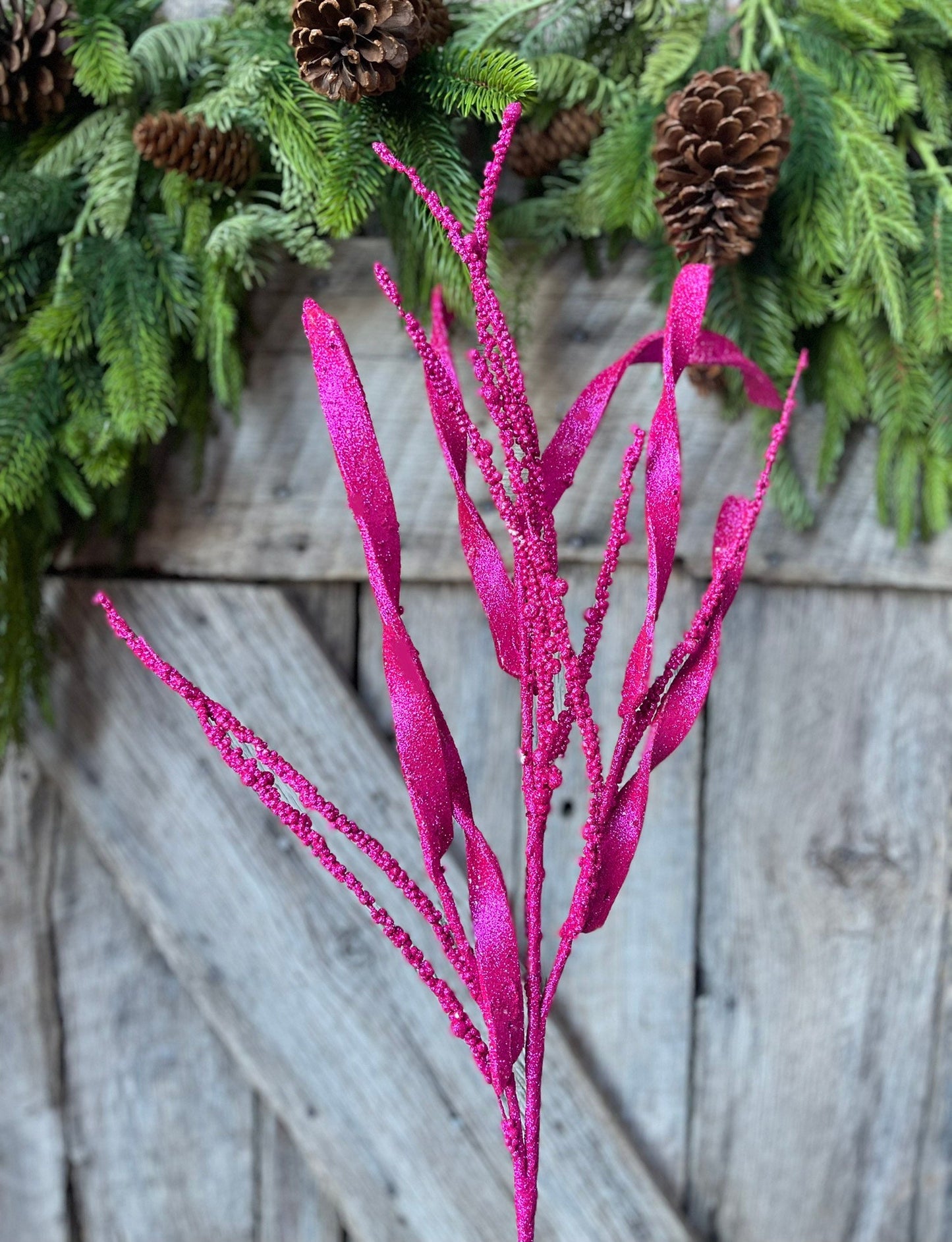 34" Hot Pink Glitter Leaf Christmas Spray, Christmas Leaves Spray, Christmas Floral Stem