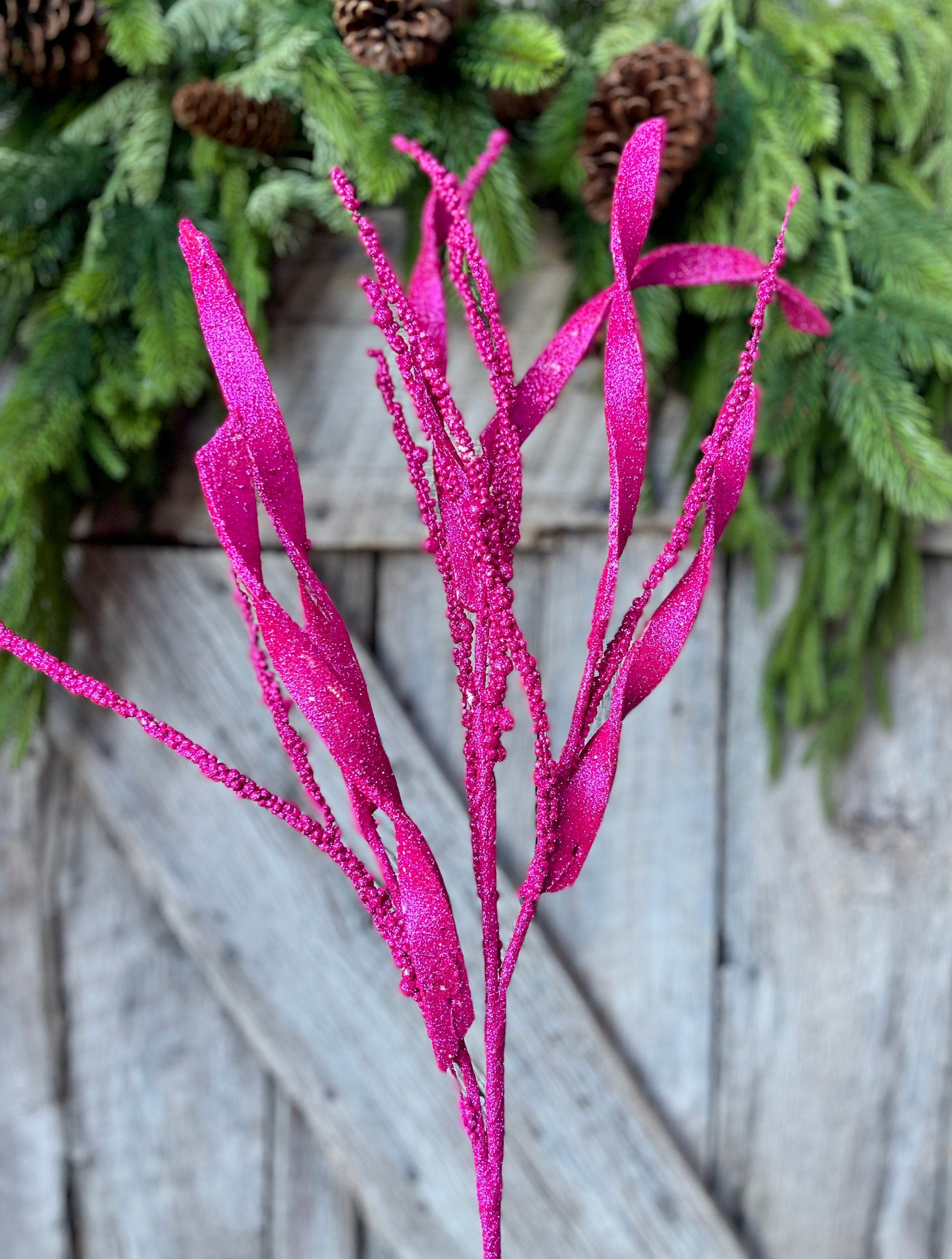 34" Hot Pink Glitter Leaf Christmas Spray, Christmas Leaves Spray, Christmas Floral Stem