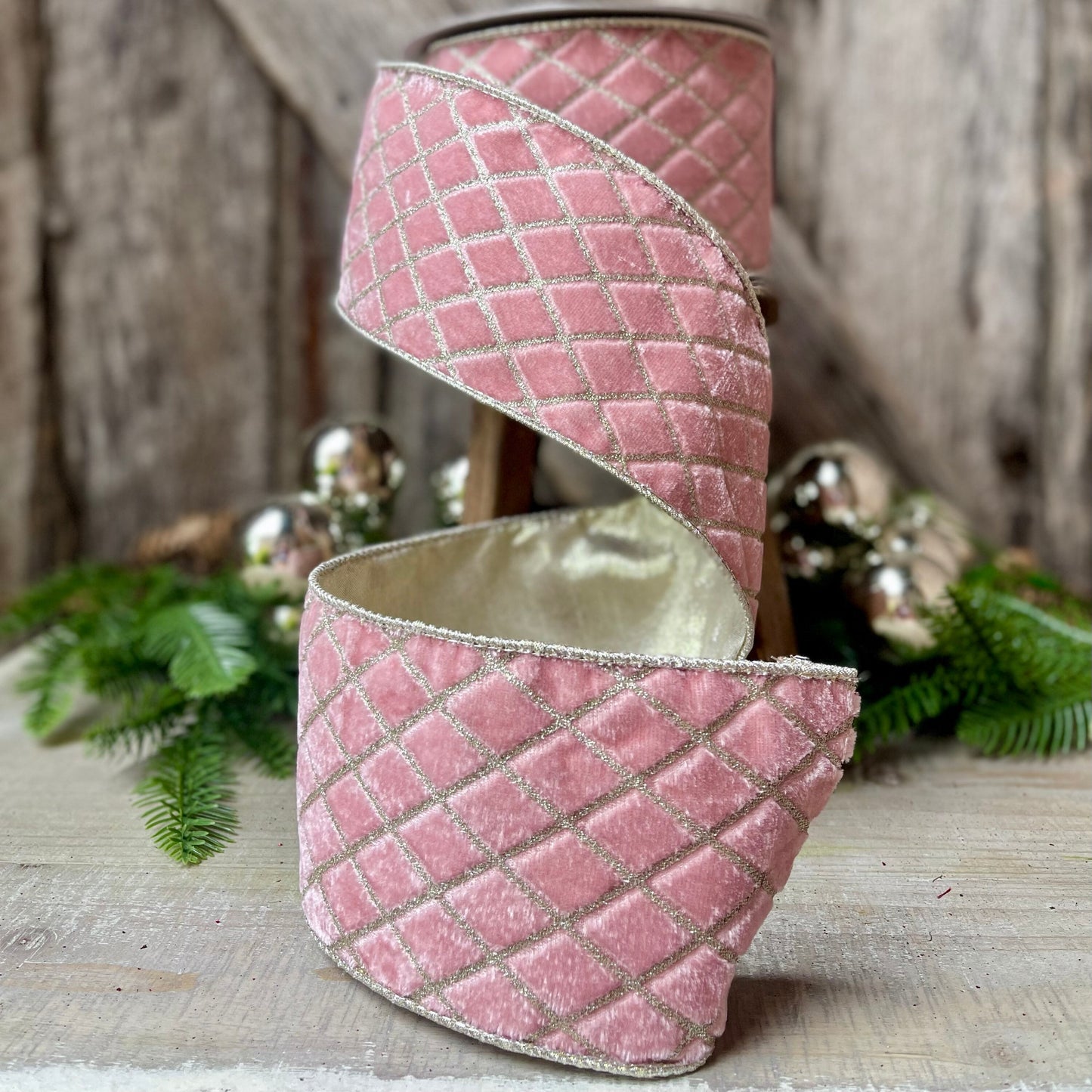 4" Pink Metallic Diamonds Velvet Ribbon, Farrisilk Ribbon, Pink Velvet