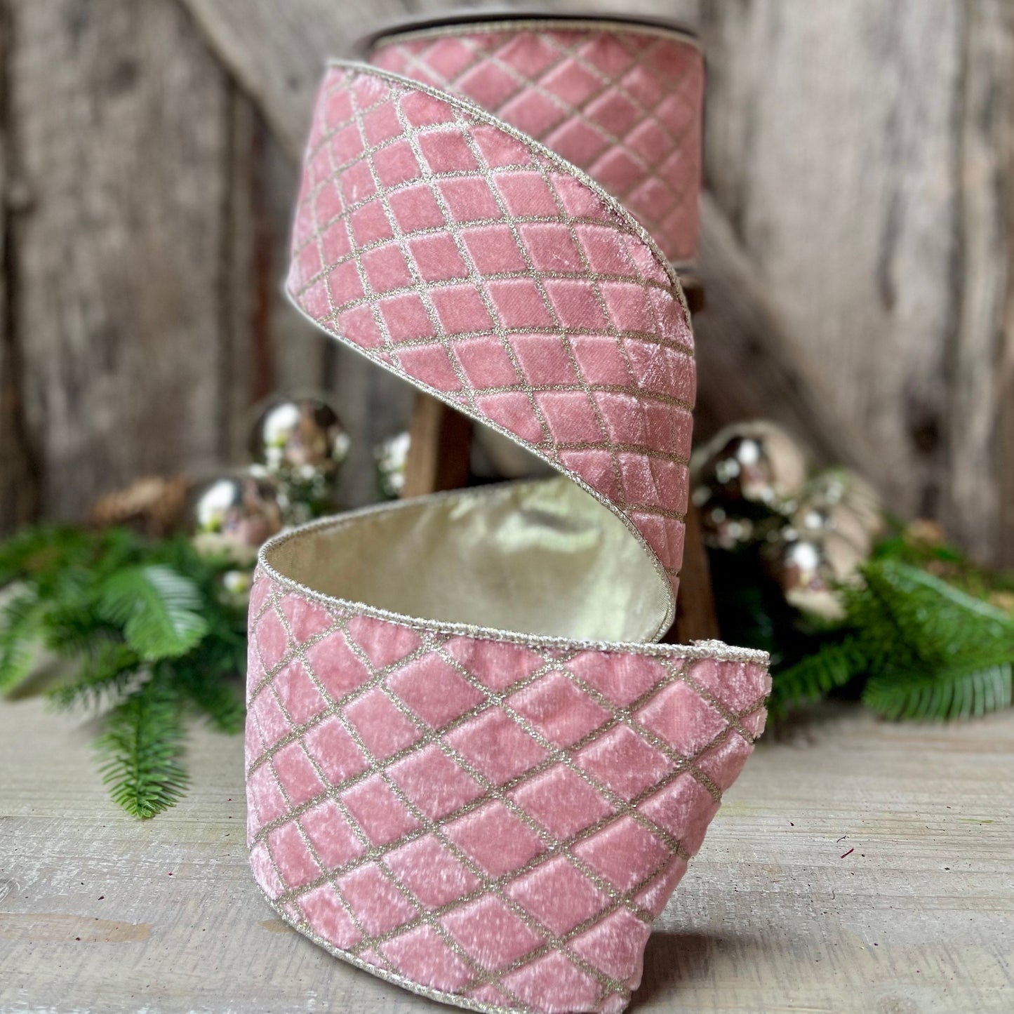 4" Pink Metallic Diamonds Velvet Ribbon, Farrisilk Ribbon, Pink Velvet