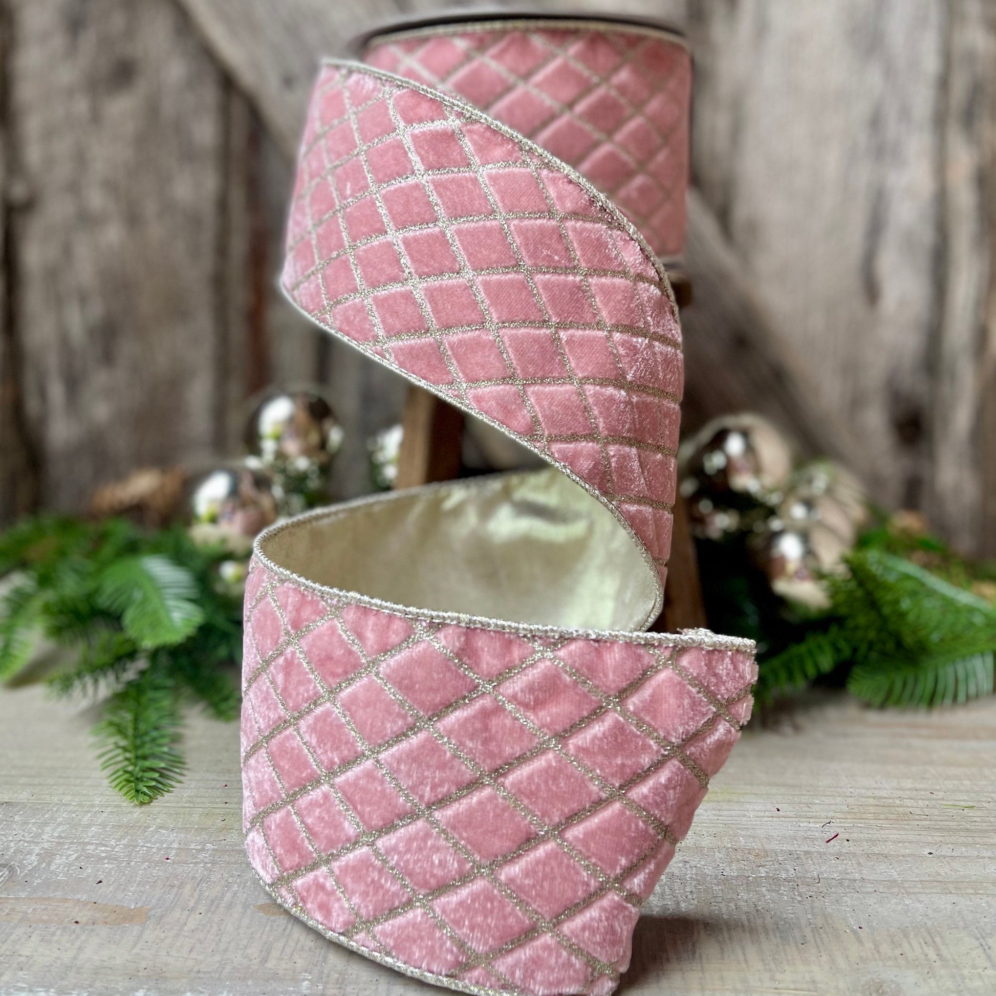 4" Pink Metallic Diamonds Velvet Ribbon, Farrisilk Ribbon, Pink Velvet