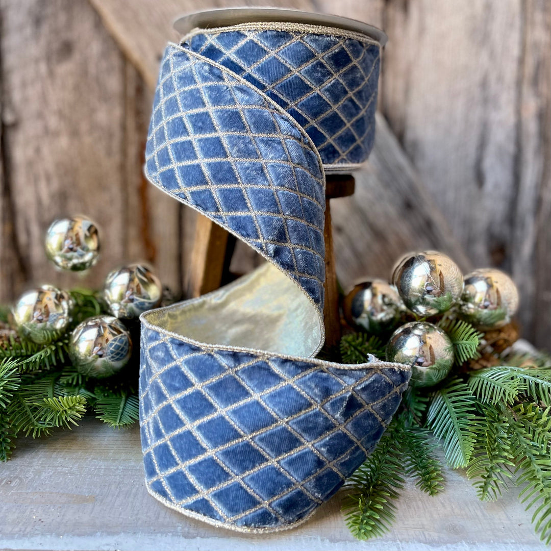 4" Steel Blue Metallic Diamonds Velvet Ribbon, Farrisilk Ribbon, BLUE Velvet
