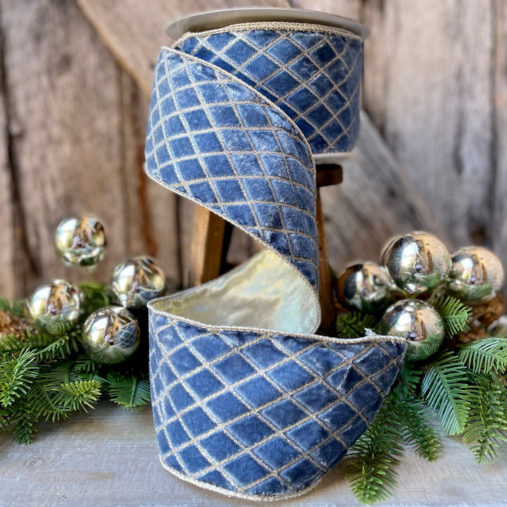 4" Steel Blue Metallic Diamonds Velvet Ribbon, Farrisilk Ribbon, BLUE Velvet