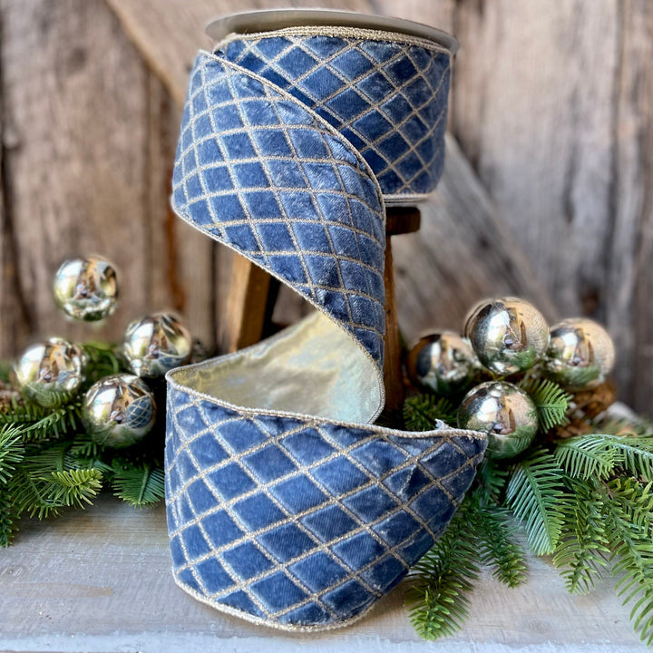 4" Steel Blue Metallic Diamonds Velvet Ribbon, Farrisilk Ribbon, BLUE Velvet