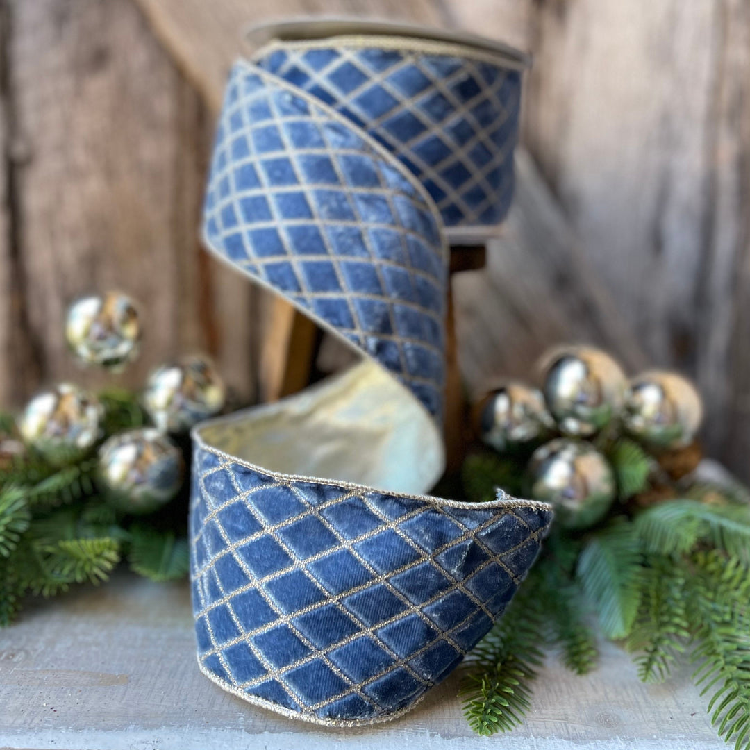 4" Steel Blue Metallic Diamonds Velvet Ribbon, Farrisilk Ribbon, BLUE Velvet