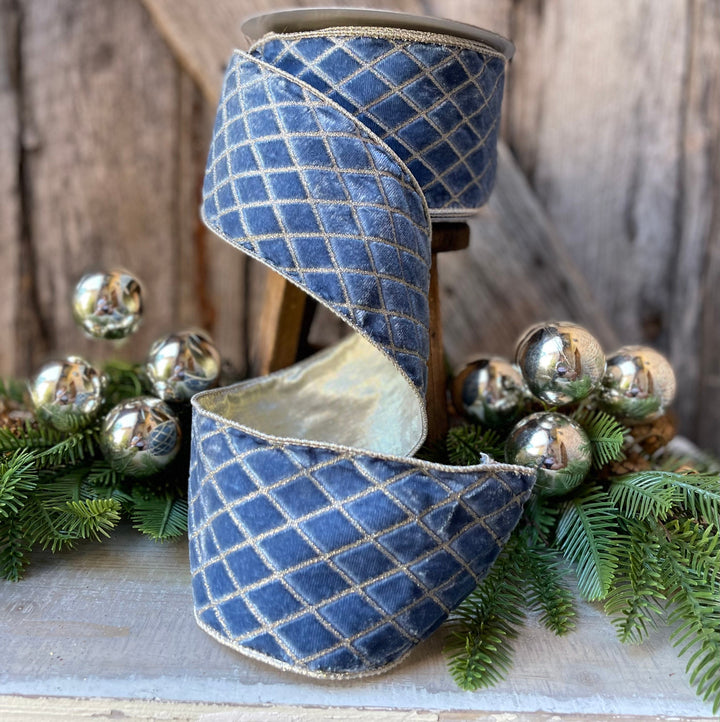 4" Steel Blue Metallic Diamonds Velvet Ribbon, Farrisilk Ribbon, BLUE Velvet