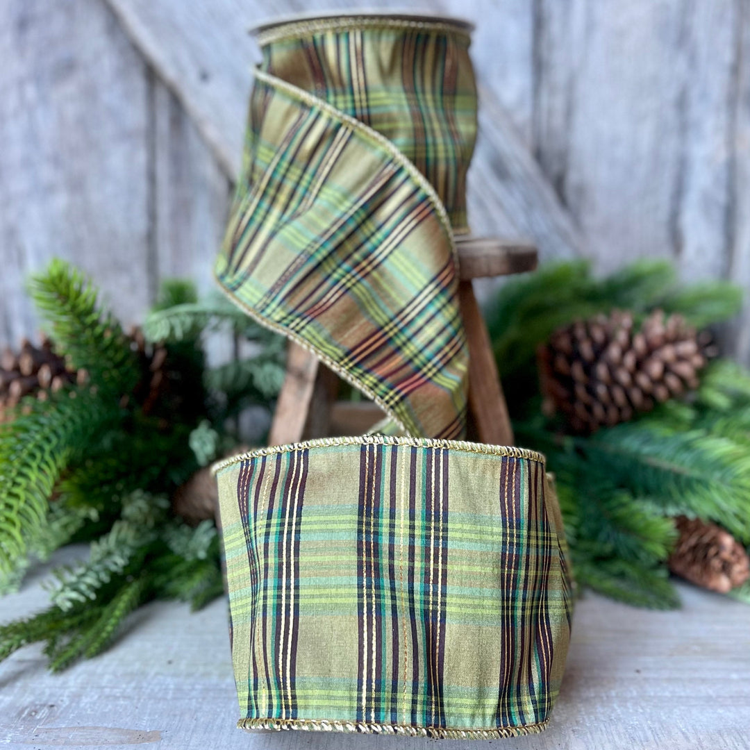4" Green Moss Christmas Plaid, Woodsy Christmas Ribbon, Christmas Plaid Ribbon