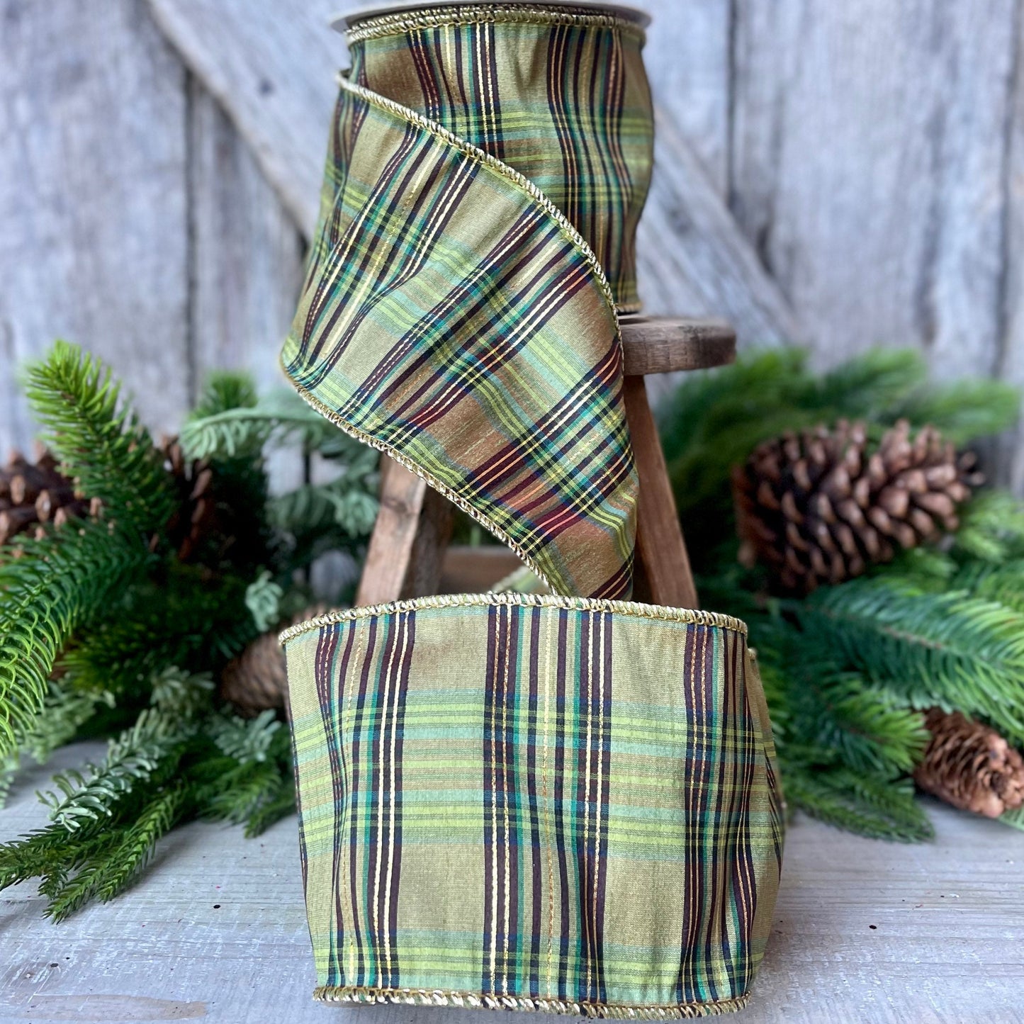 4" Green Moss Christmas Plaid, Woodsy Christmas Ribbon