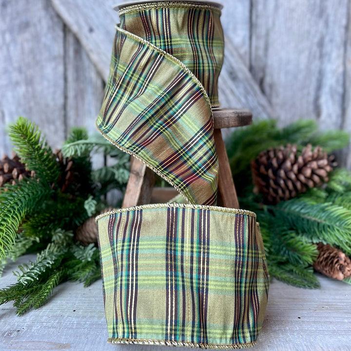 4" Green Moss Christmas Plaid, Woodsy Christmas Ribbon, Christmas Plaid Ribbon