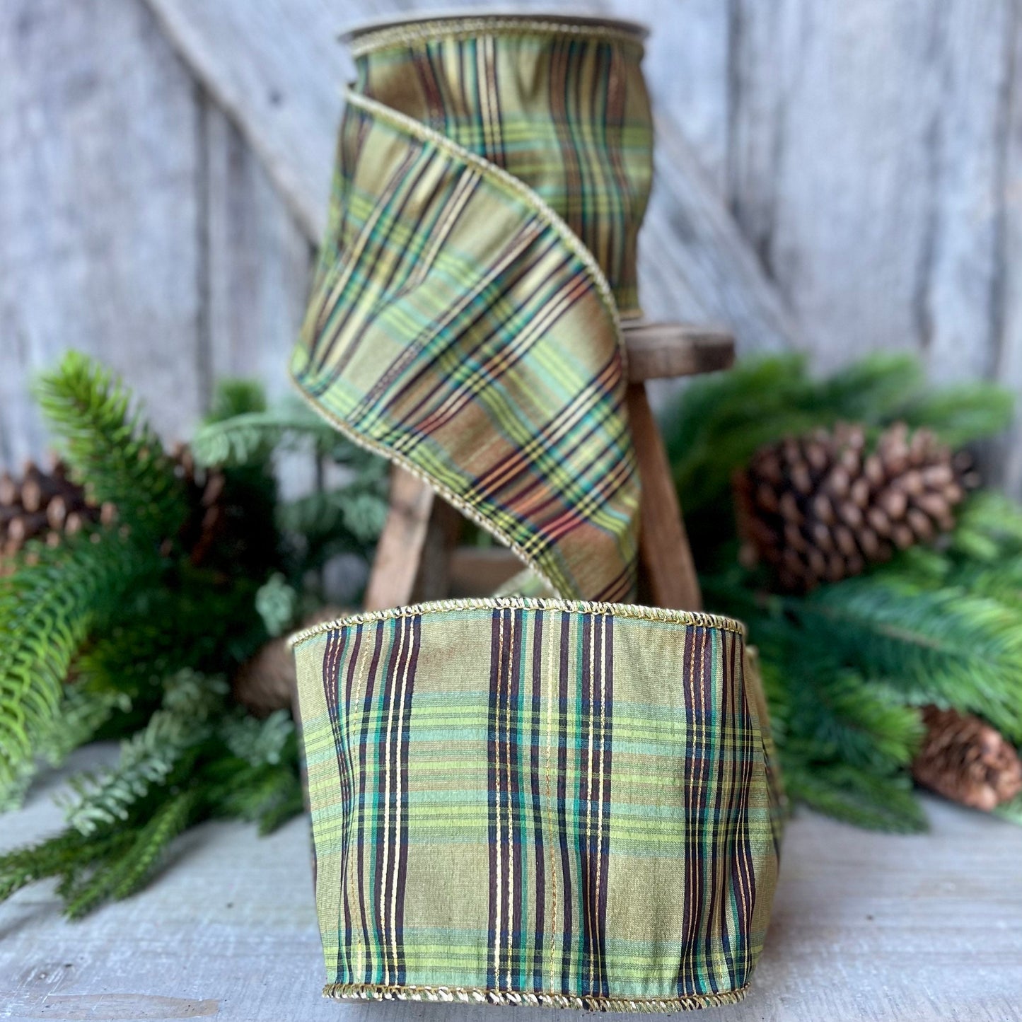 4" Green Moss Christmas Plaid, Woodsy Christmas Ribbon