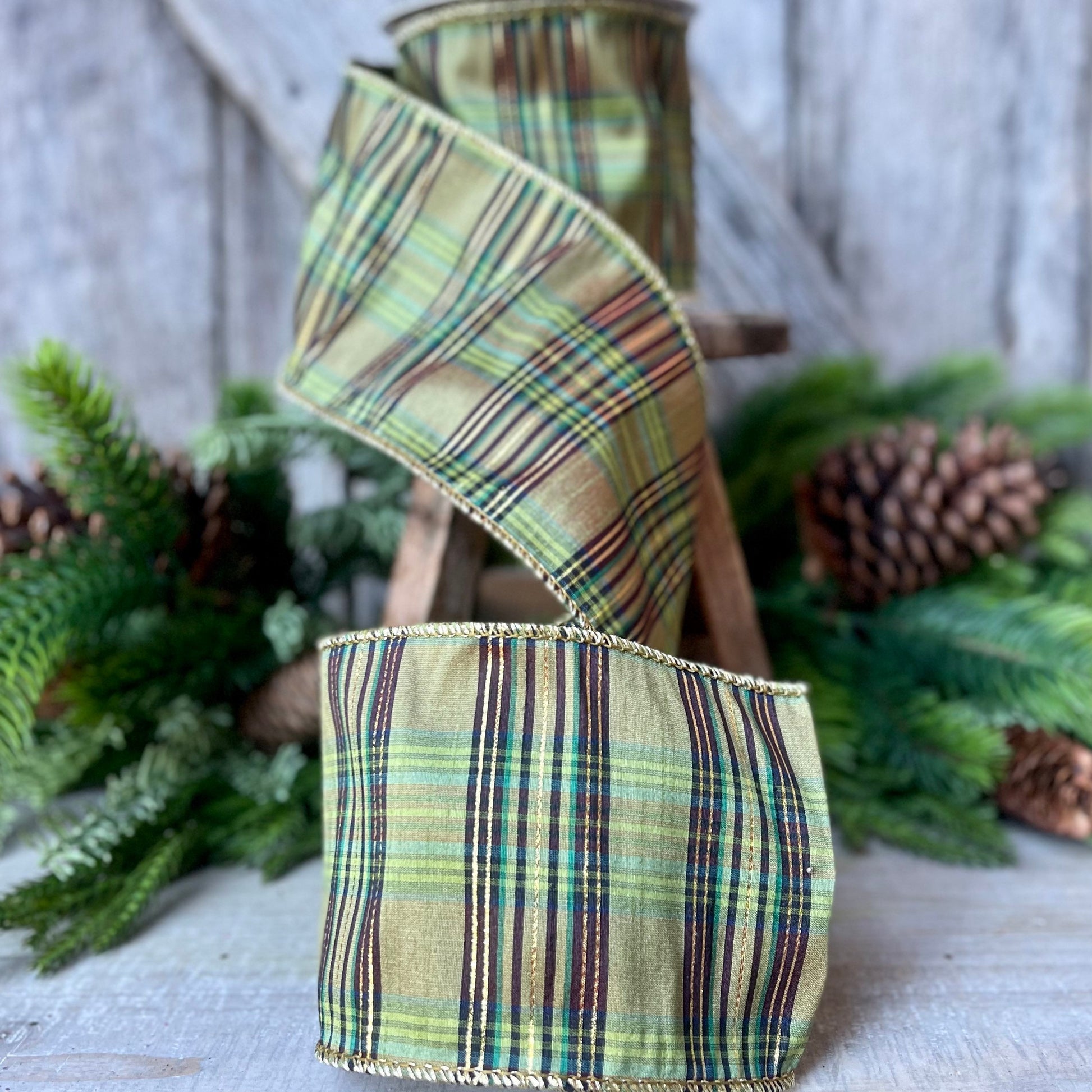 4" Green Moss Christmas Plaid, Woodsy Christmas Ribbon