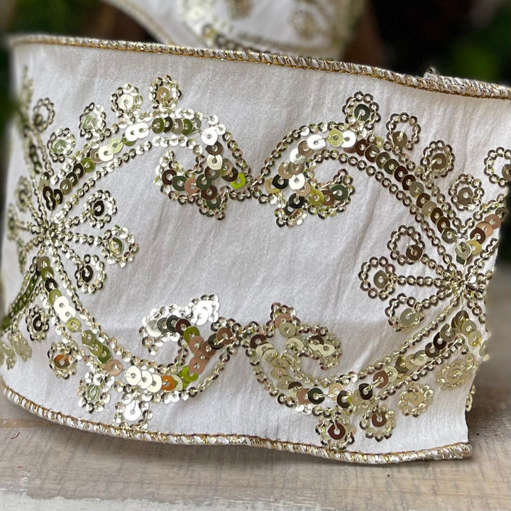 Ivory Gold Sequin Ribbon, 4 inch Wired Christmas Ribbon