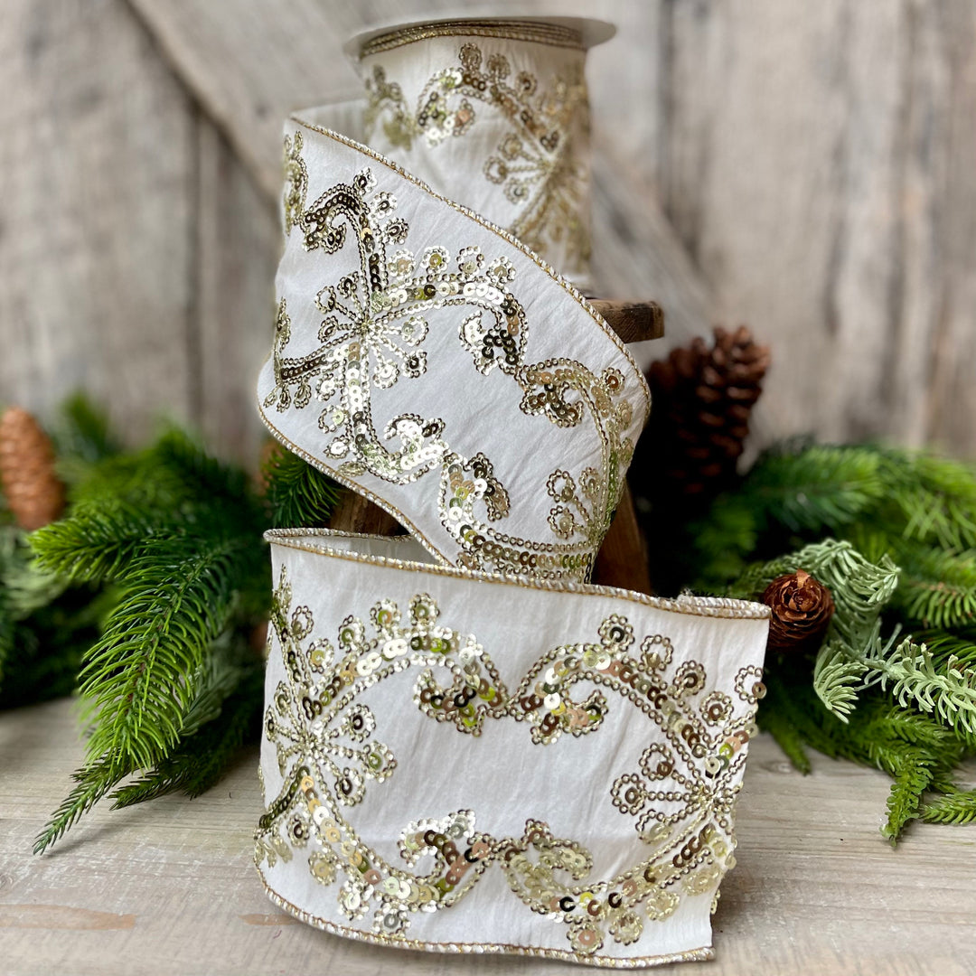 Ivory Gold Sequin Ribbon, 4 inch Wired Christmas Ribbon