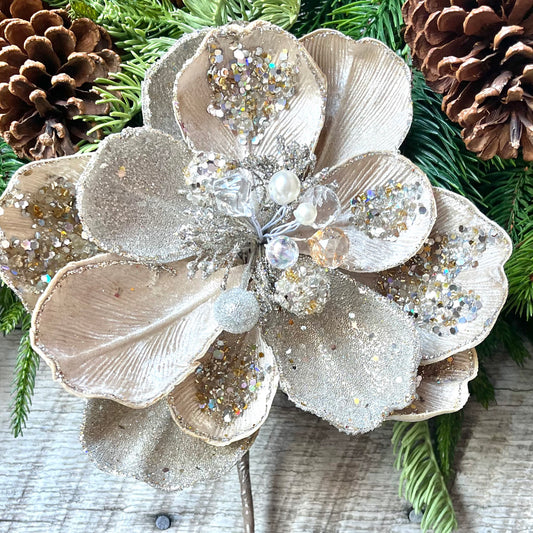 8" Champagne Gold Magnolia Leaf Pick, jeweled Christmas Spray