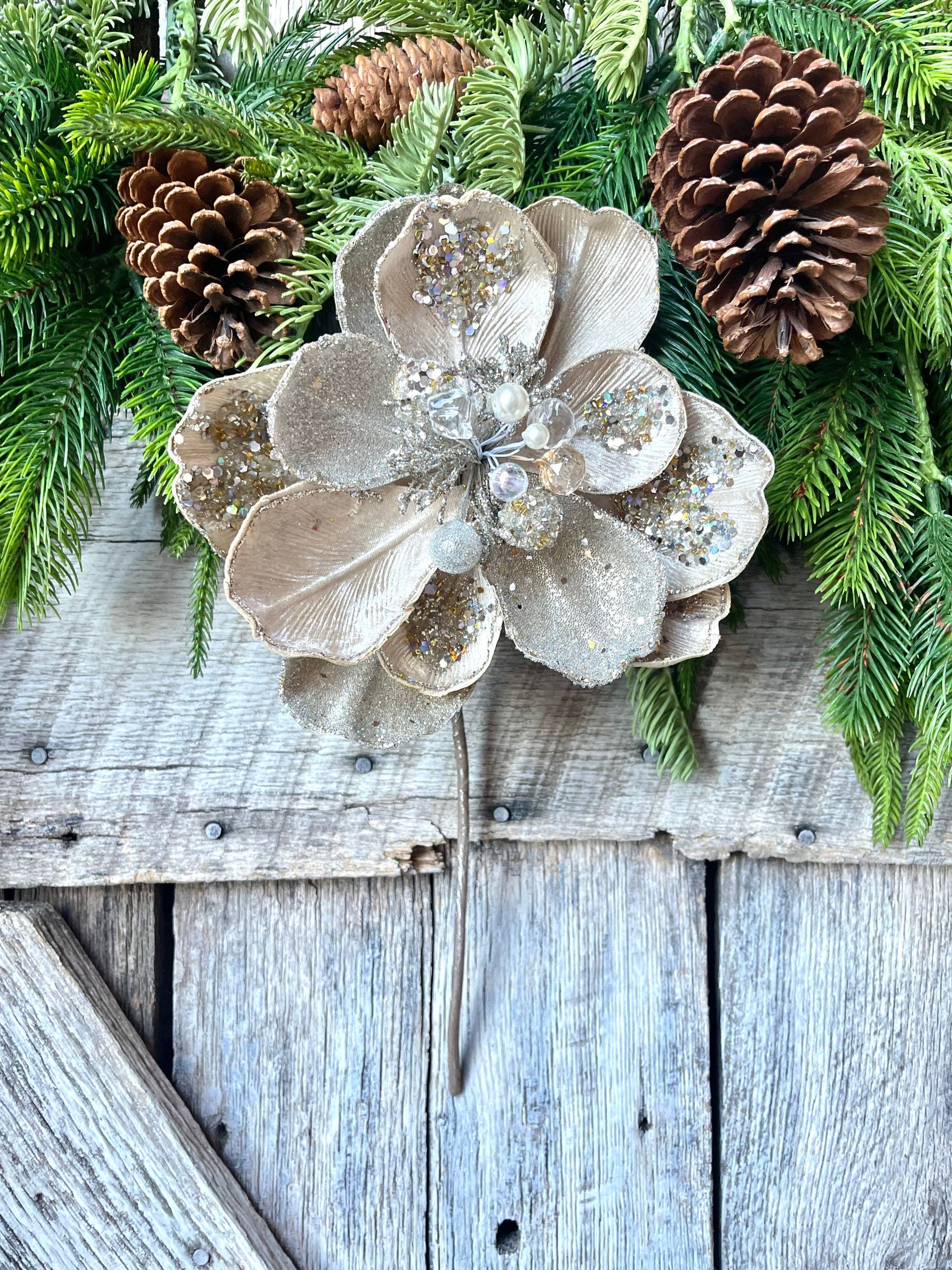 8" Champagne Gold Magnolia Leaf Pick, jeweled Christmas Spray