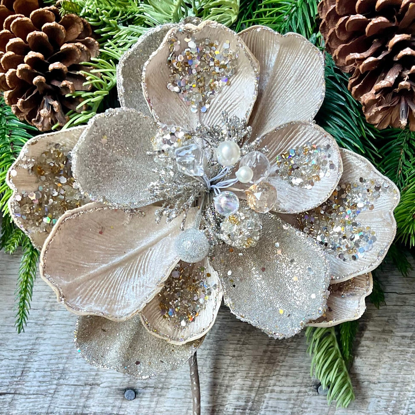 8" Champagne Gold Magnolia Leaf Pick, jeweled Christmas Spray