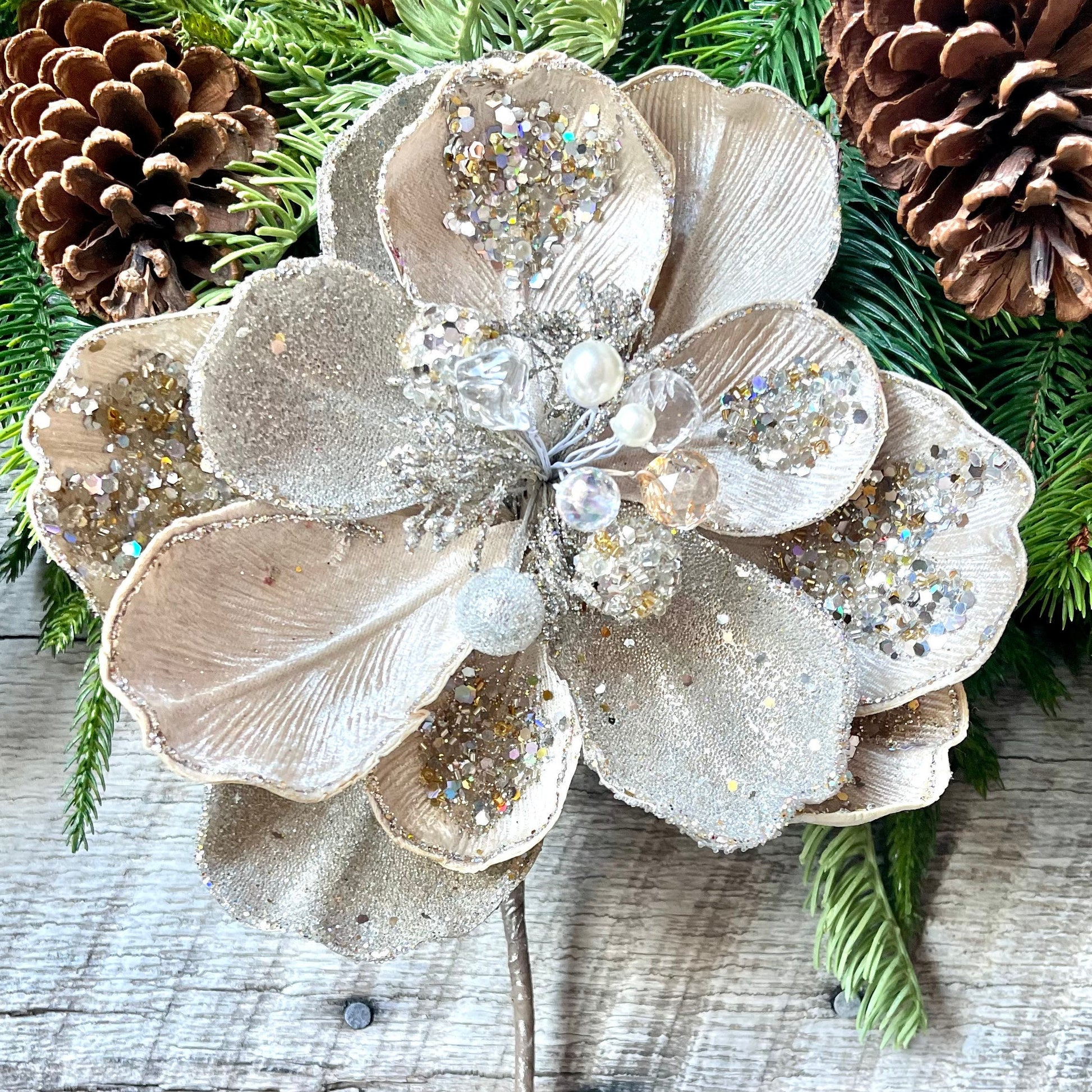 8" Champagne Gold Magnolia Leaf Pick, jeweled Christmas Spray