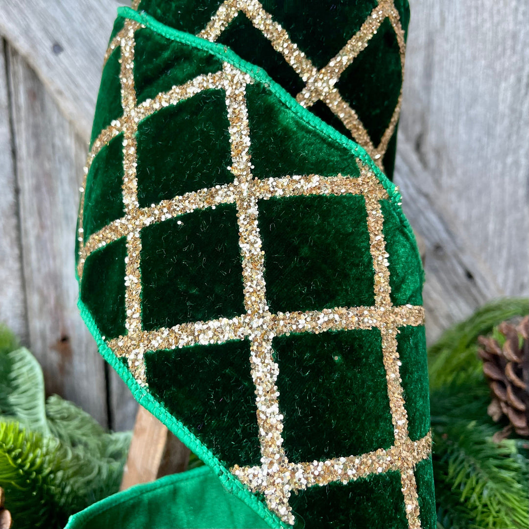 4" Emerald Green Velvet Ribbon, Green &amp; Gold Velvet Ribbon, Christmas Ribbon