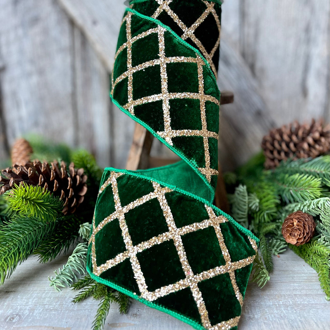 4" Emerald Green Velvet Ribbon, Green &amp; Gold Velvet Ribbon, Christmas Ribbon
