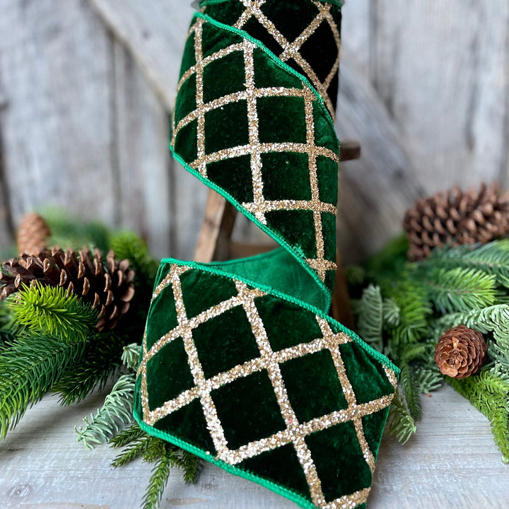 4" Emerald Green Velvet Ribbon, Green &amp; Gold Velvet Ribbon, Christmas Ribbon