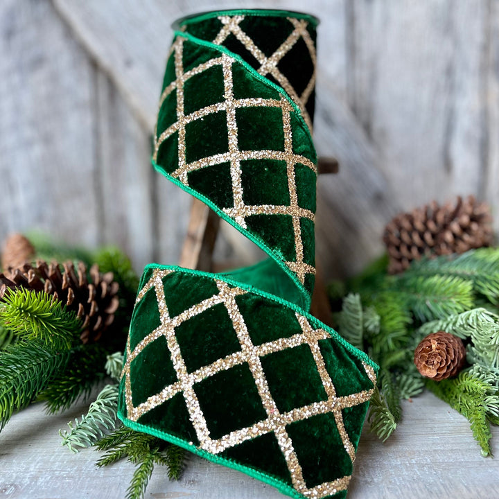 4" Emerald Green Velvet Ribbon, Green &amp; Gold Velvet Ribbon, Christmas Ribbon