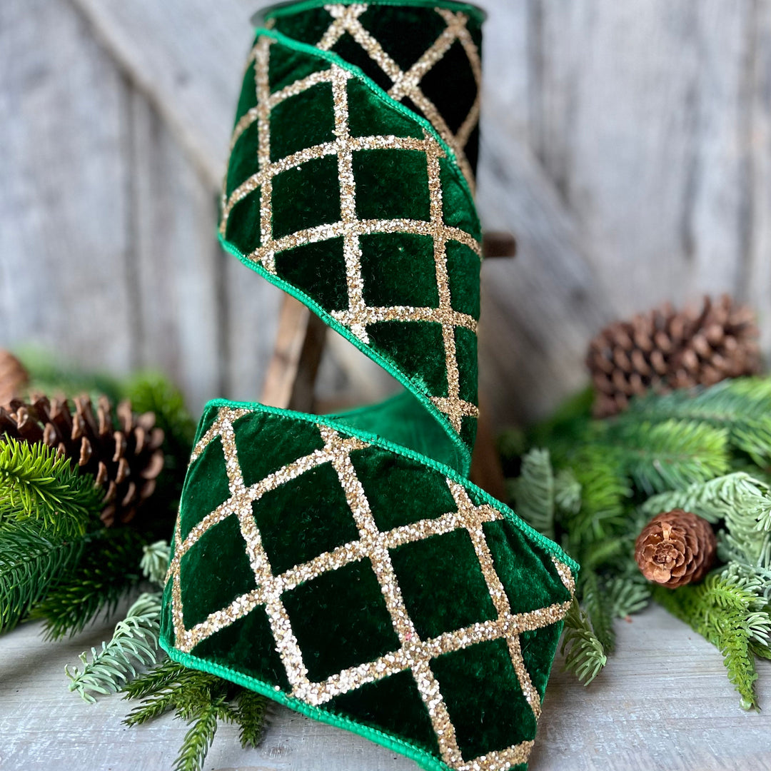 4" Emerald Green Velvet Ribbon, Green &amp; Gold Velvet Ribbon, Christmas Ribbon