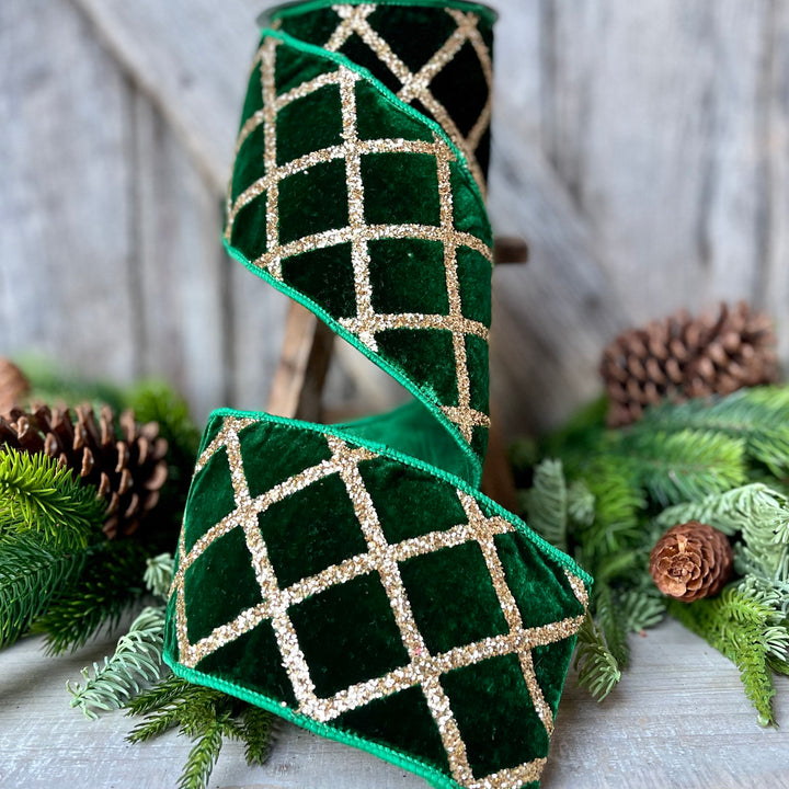 4" Emerald Green Velvet Ribbon, Green &amp; Gold Velvet Ribbon, Christmas Ribbon