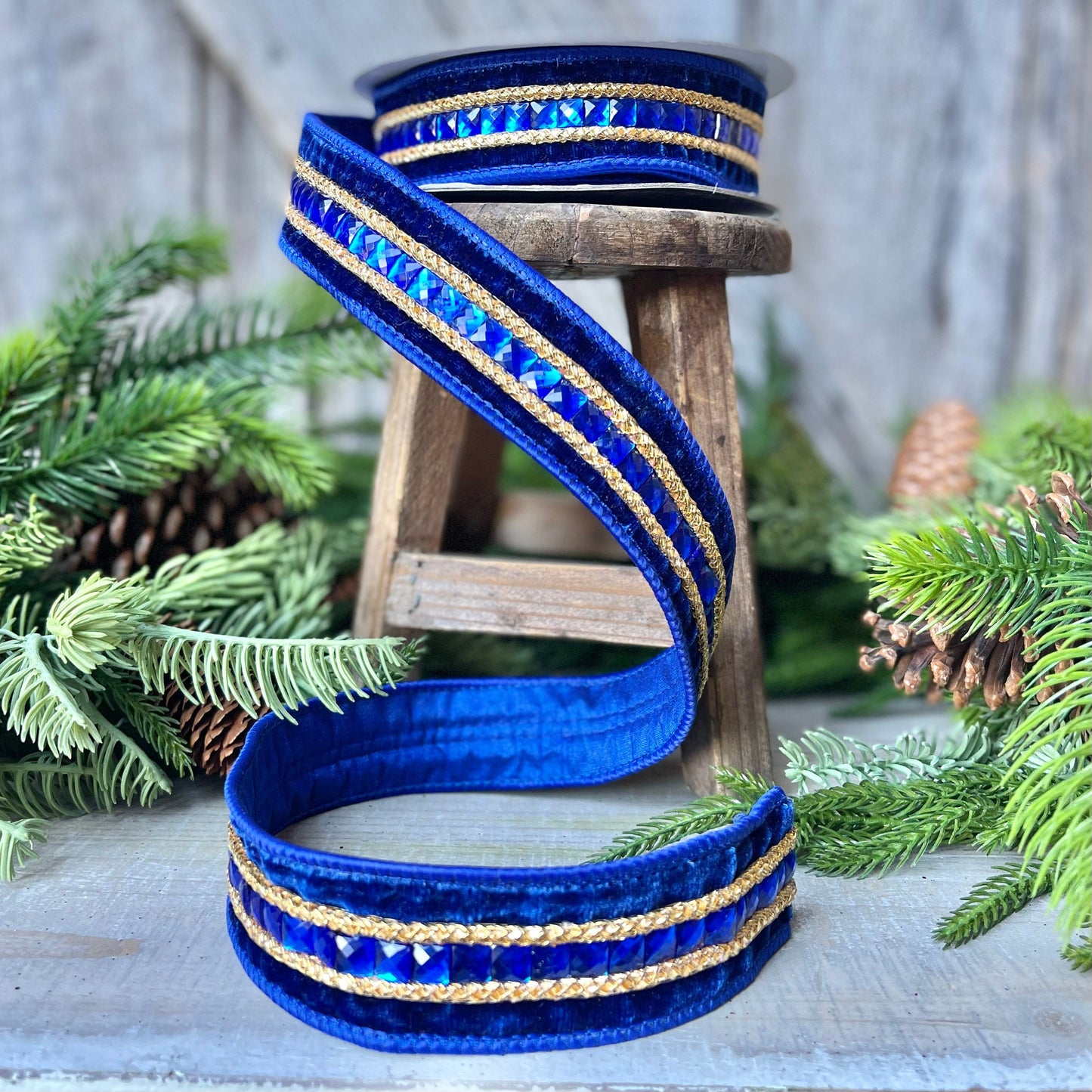 Blue Emeral Cut Gemstones Ribbon, 1.5" Blue velvet jeweled ribbon