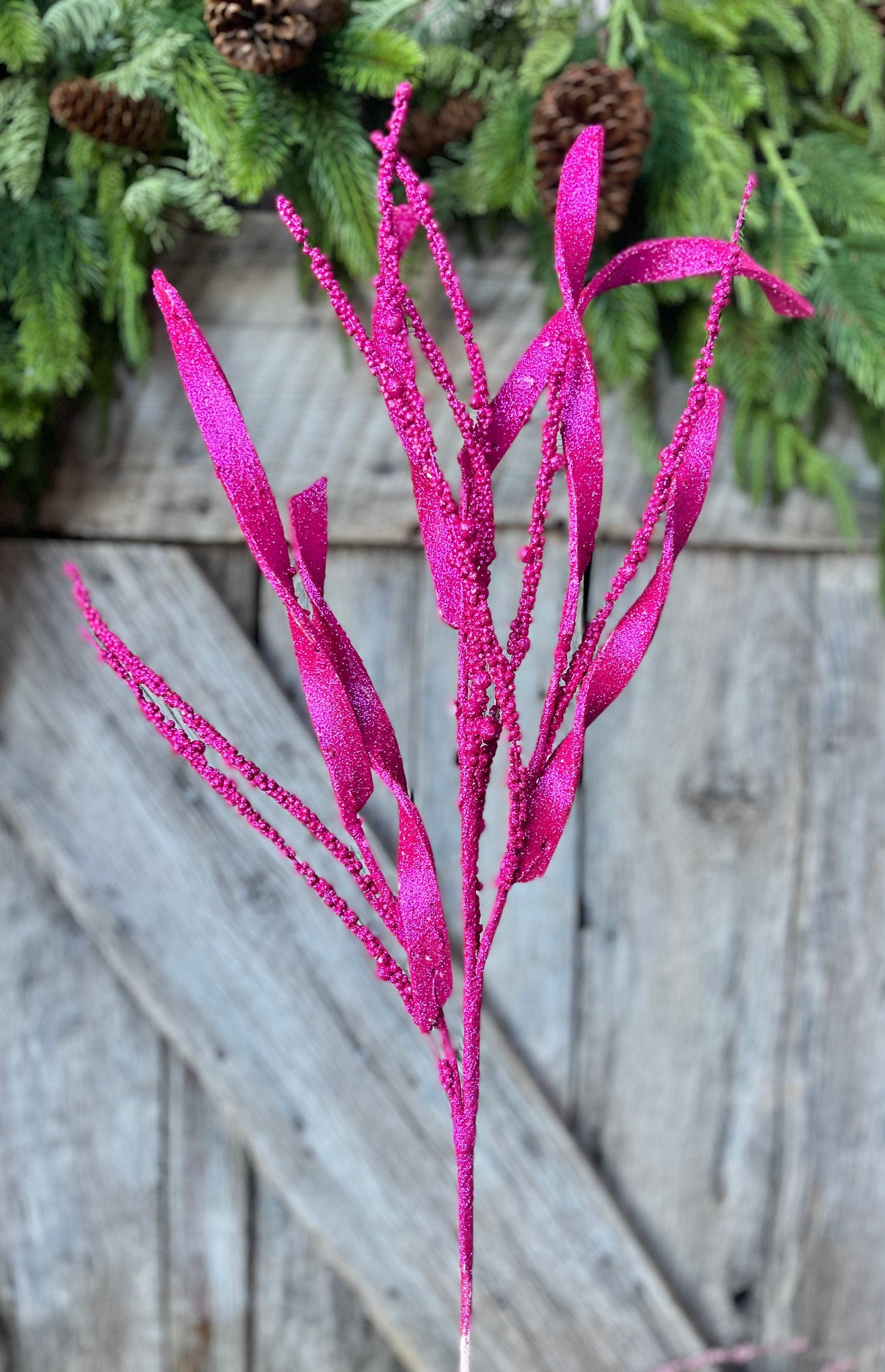 34" Hot Pink Glitter Leaf Christmas Spray, Christmas Leaves Spray, Christmas Floral Stem