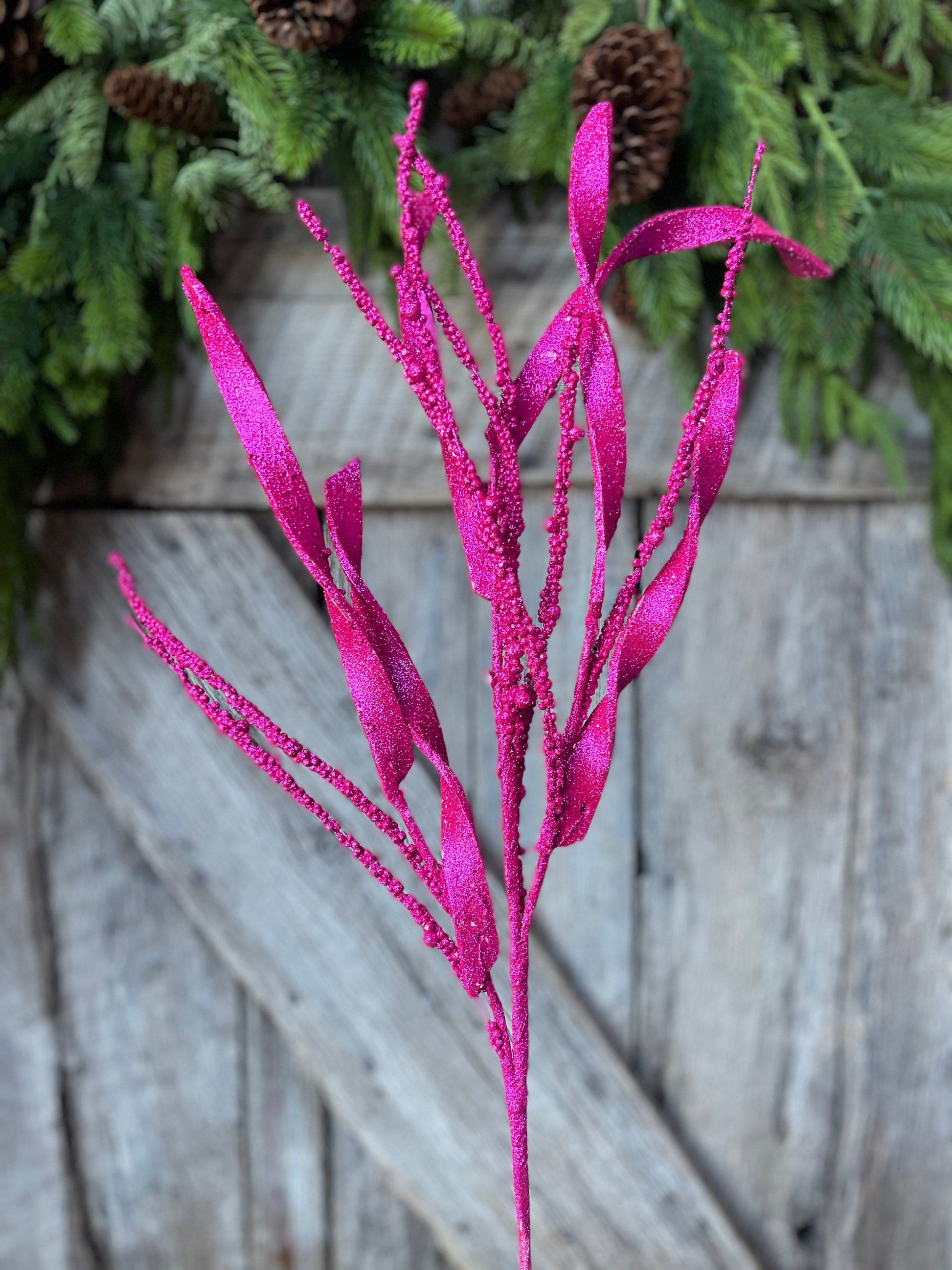 34" Hot Pink Glitter Leaf Christmas Spray, Christmas Leaves Spray, Christmas Floral Stem