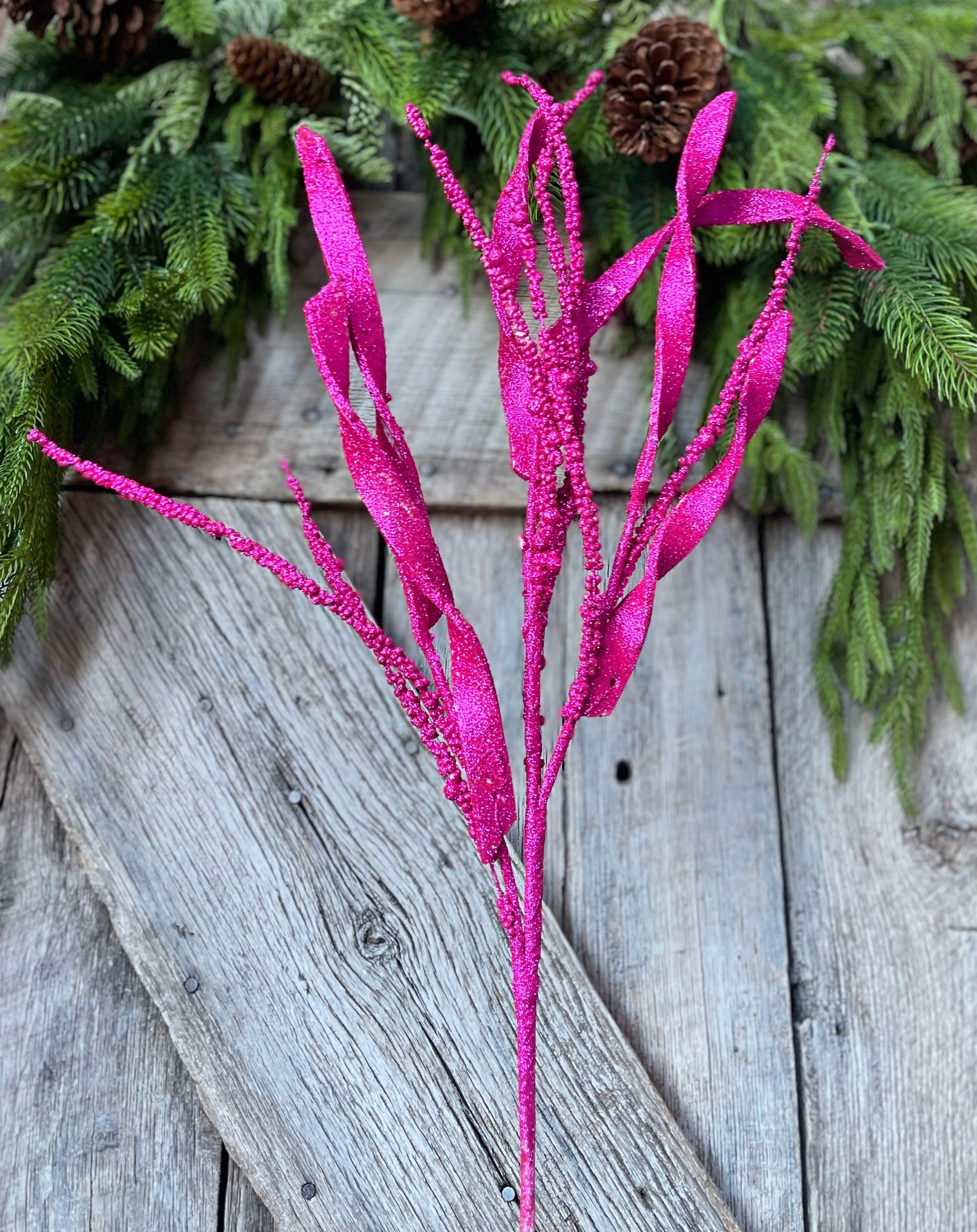 34" Hot Pink Glitter Leaf Christmas Spray, Christmas Leaves Spray, Christmas Floral Stem