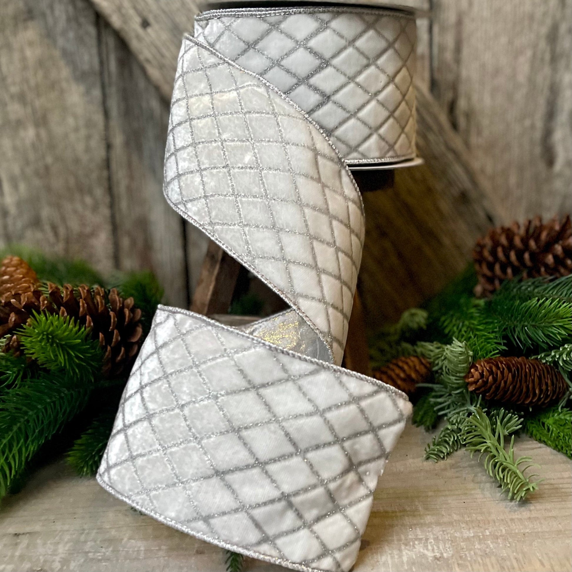 4" White Velvet Metallic Diamonds Ribbon, Farrisilk Ribbon
