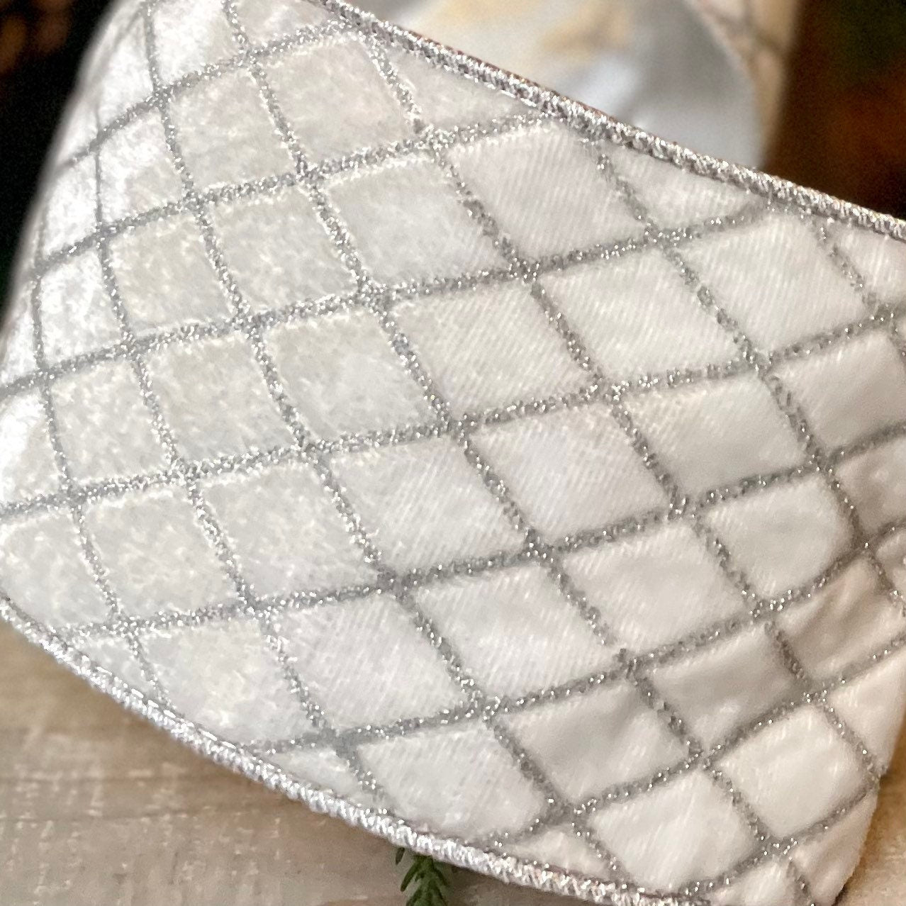4" White Velvet Metallic Diamonds Ribbon, Farrisilk Ribbon