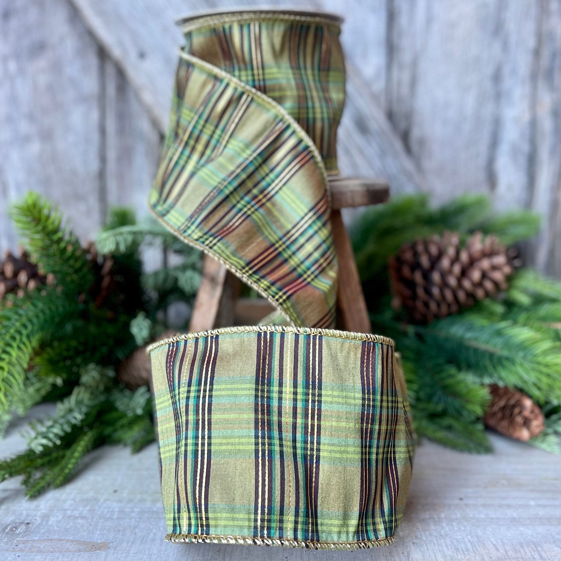 4" Green Moss Christmas Plaid, Woodsy Christmas Ribbon
