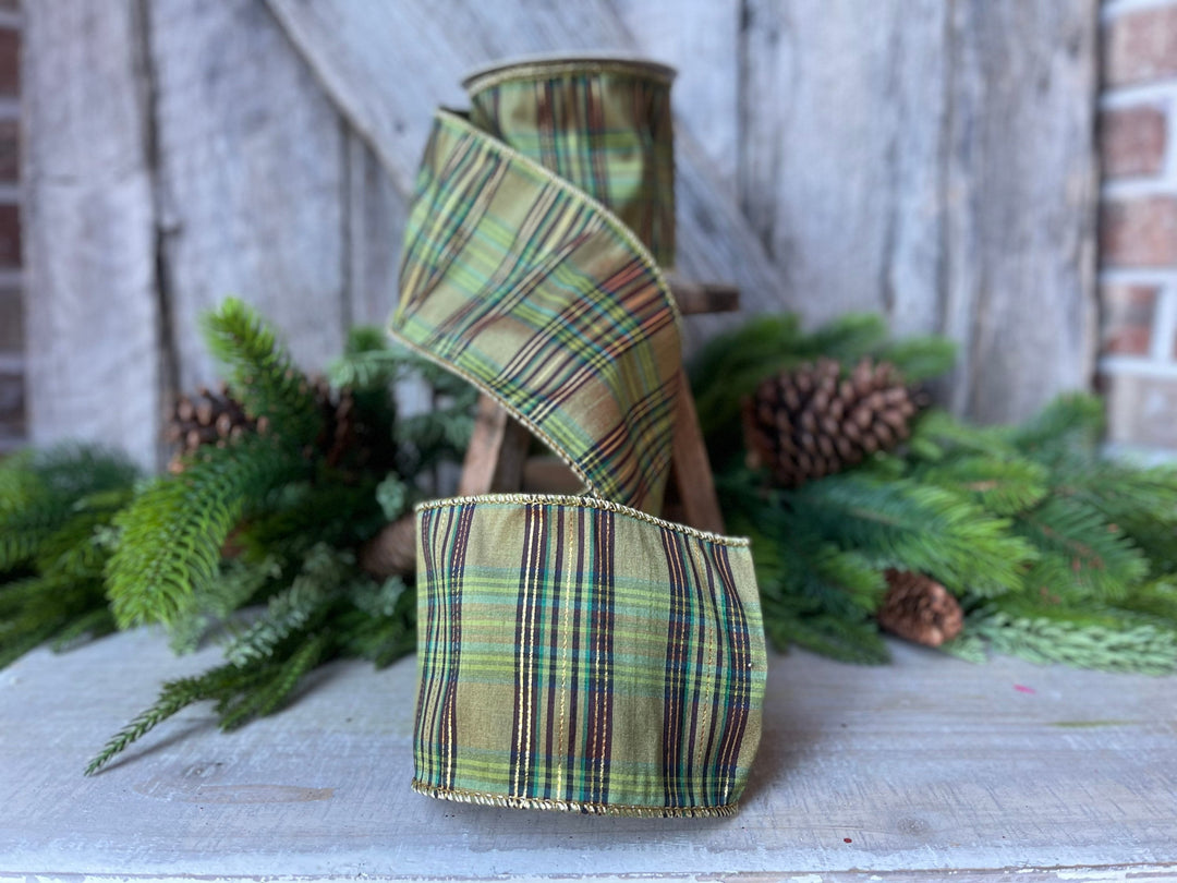 4" Green Moss Christmas Plaid, Woodsy Christmas Ribbon, Christmas Plaid Ribbon