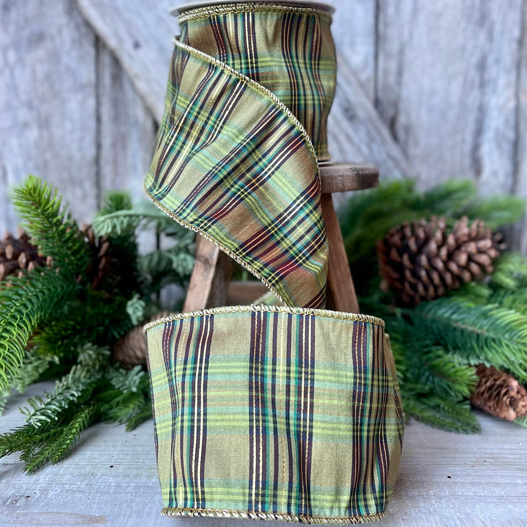 4" Green Moss Christmas Plaid, Woodsy Christmas Ribbon, Christmas Plaid Ribbon