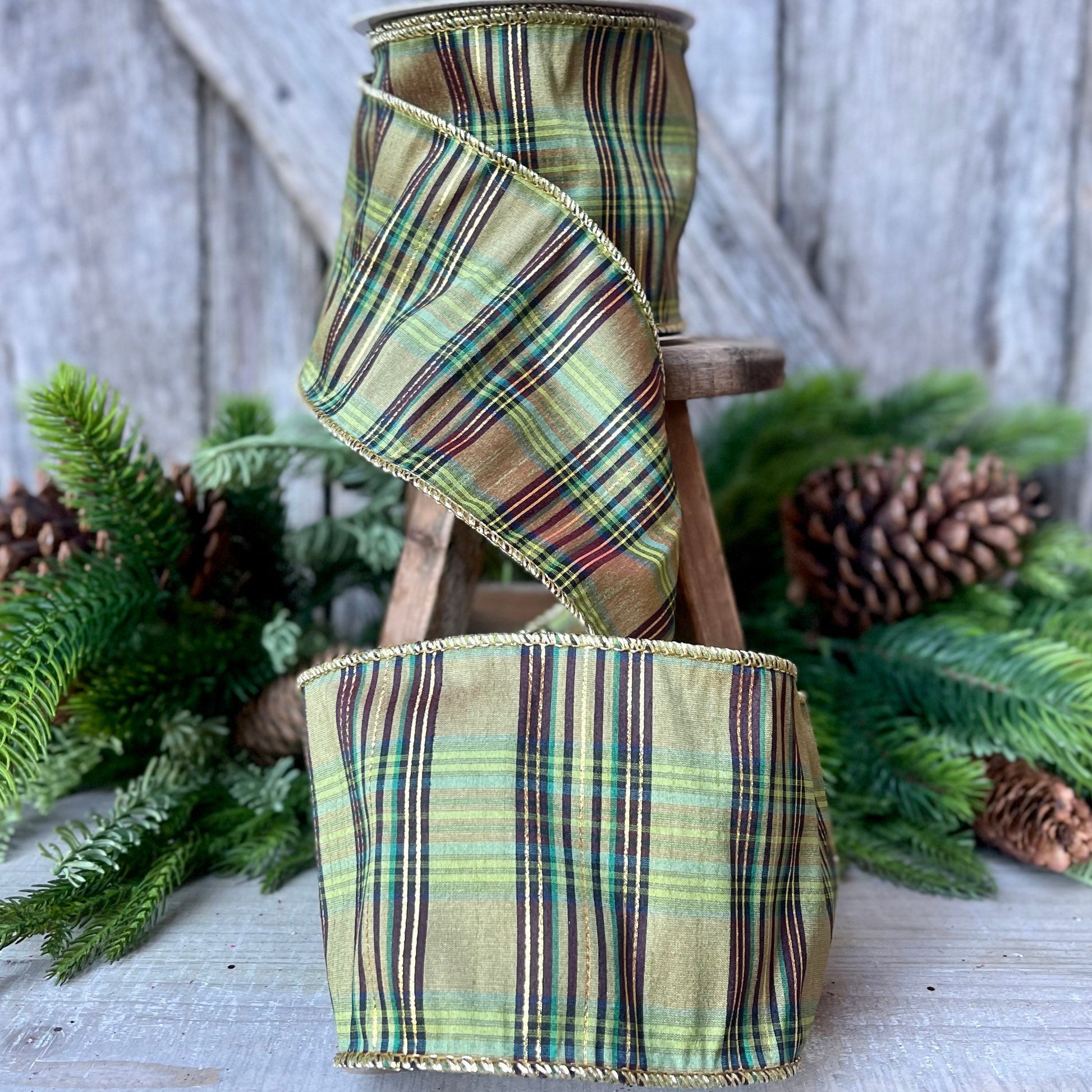 4" Green Moss Christmas Plaid, Woodsy Christmas Ribbon