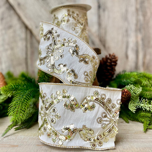 Champagne Gold Sequin Ribbon, 4 inch Wired Christmas Ribbon, Ivory and Gold Sequin Ribbon