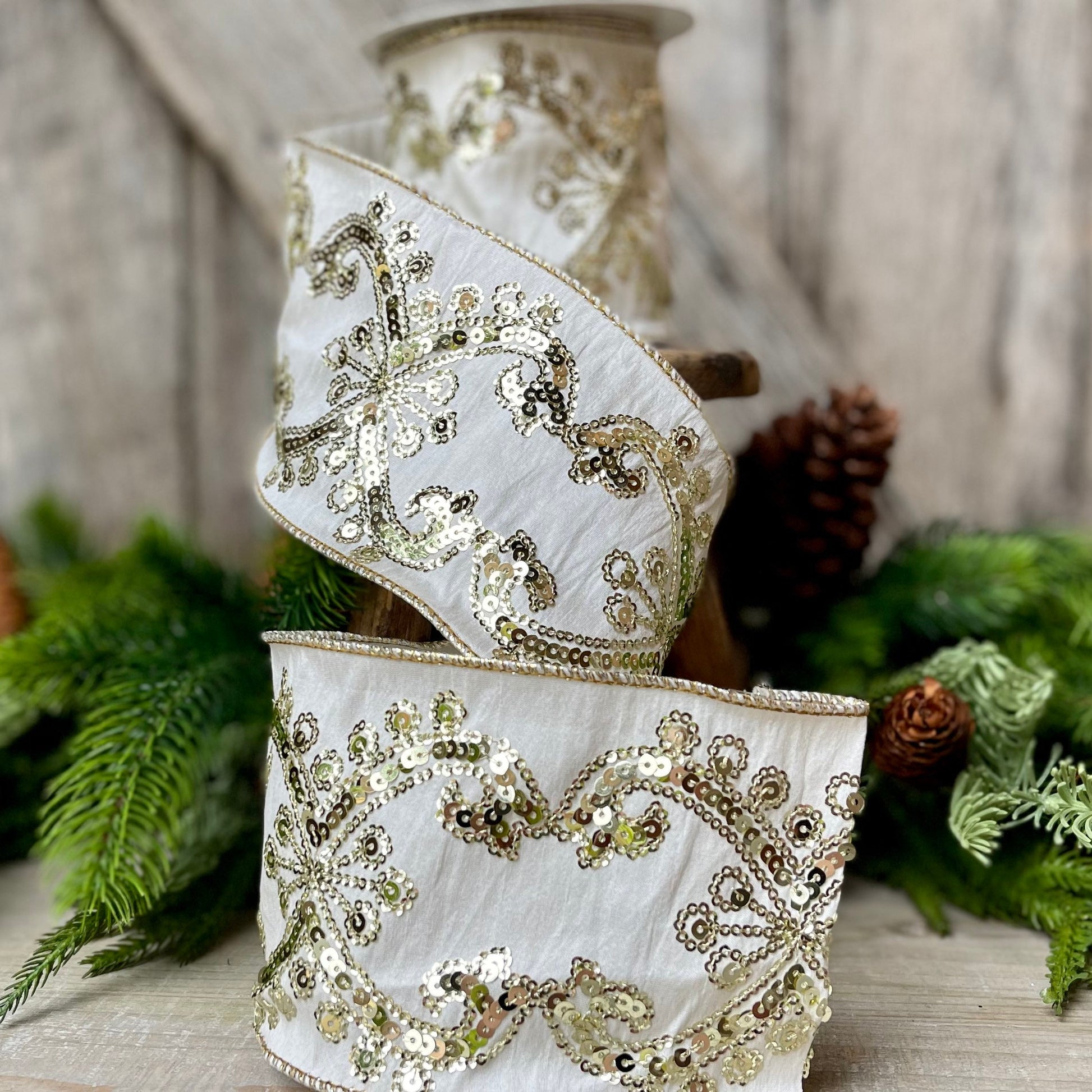 Champagne Gold Sequin Ribbon, 4 inch Wired Christmas Ribbon, Ivory and Gold Sequin Ribbon