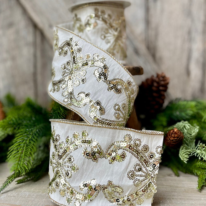 Ivory Gold Sequin Ribbon, 4 inch Wired Christmas Ribbon, Ivory and Gold Sequin Ribbon