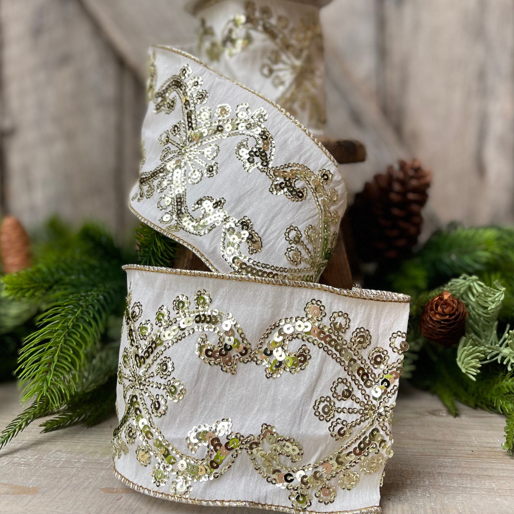 Champagne Gold Sequin Ribbon, 4 inch Wired Christmas Ribbon, Ivory and Gold Sequin Ribbon