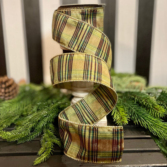 2.5" Green Moss Christmas Plaid, Woodsy Christmas Ribbon, Christmas Plaid Ribbon